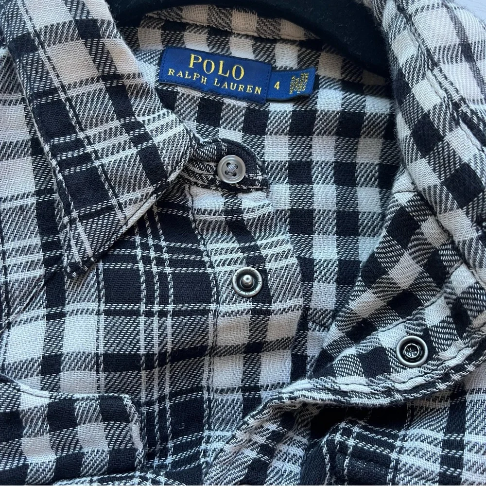 Polo Ralph Lauren Flannel Shirt Size 4 Black Plaid Western Country Pearl Snap